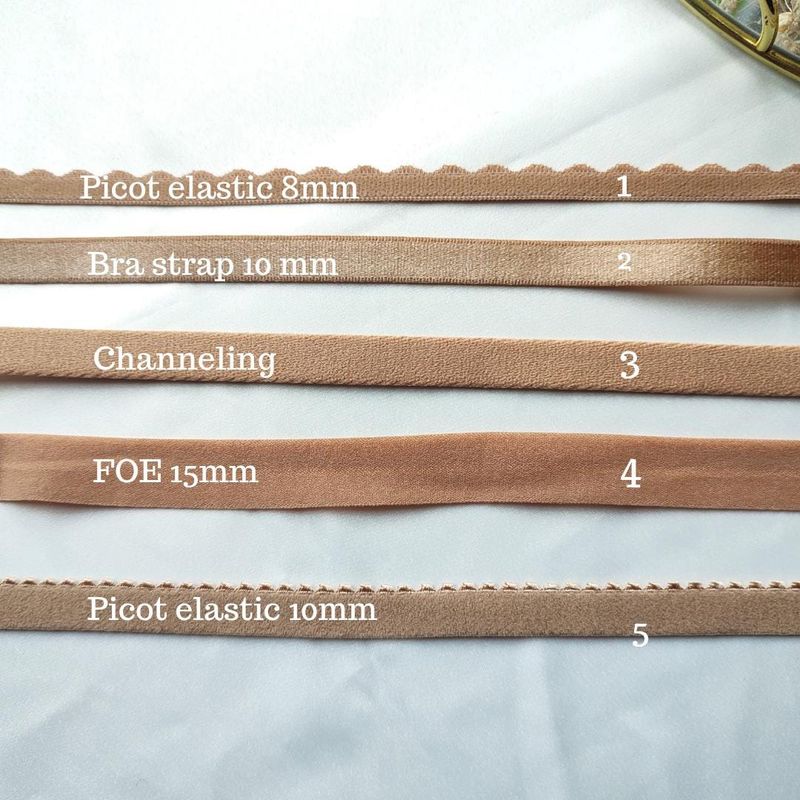 Mocha / tan lingerie elastics – picot, FOE, channeling, bra straps