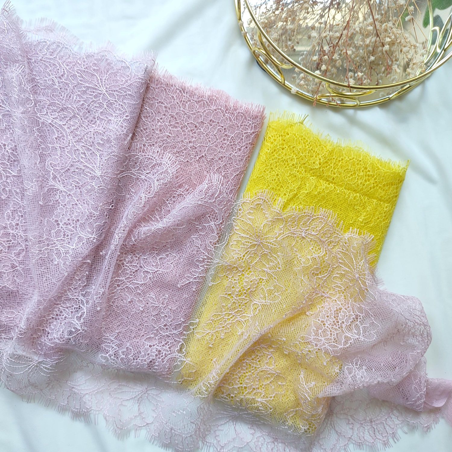 Chantilly non elastic lace trim for sewing lingerie, Bra Making supplies, pink and yellow lace