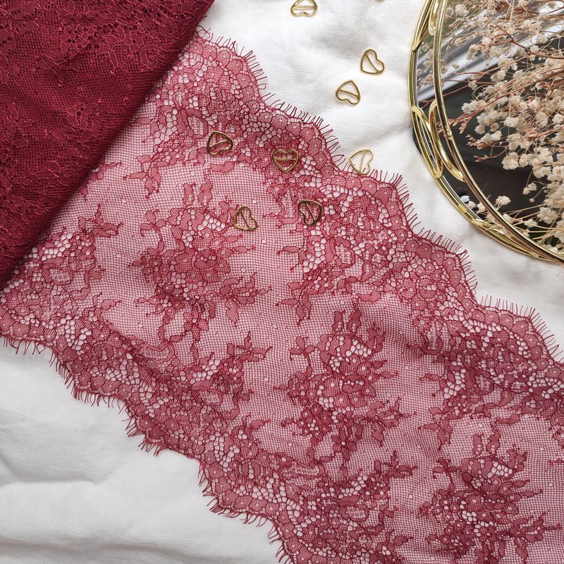 Burgundy Chantilly lace – 20 cm wide floral trim, sold by the meter

