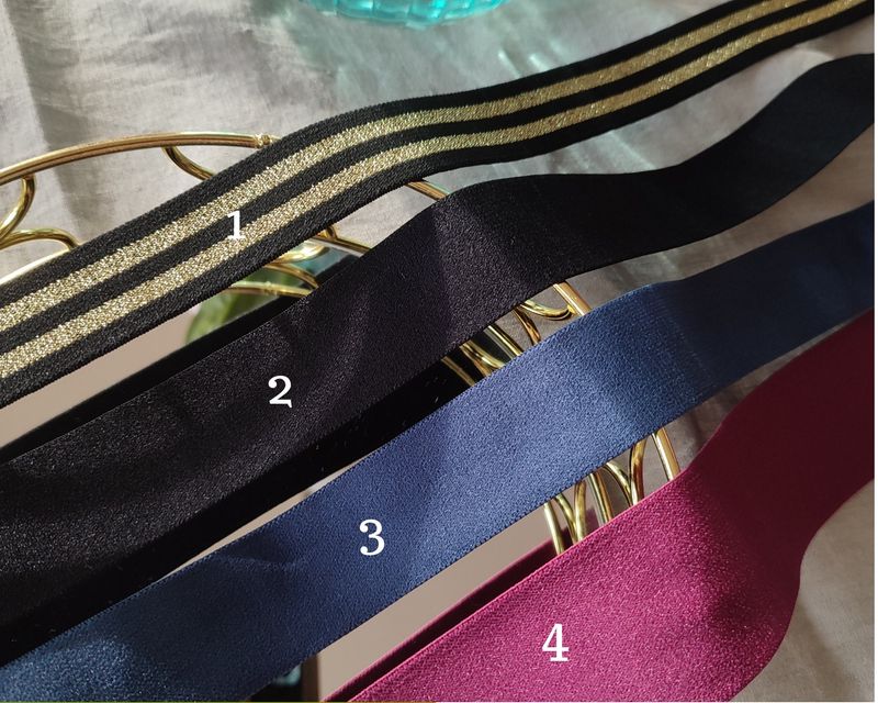Shiny elastic bands in black, blue, pink and striped gold for lingerie sewing