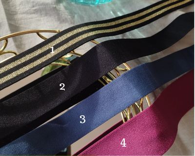 Shiny elastic bands in black, blue, pink and striped gold for lingerie sewing