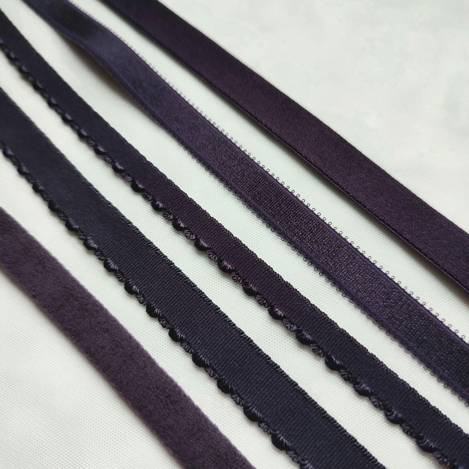 Dark purple bra elastics – straps, channeling, picot and FOE

