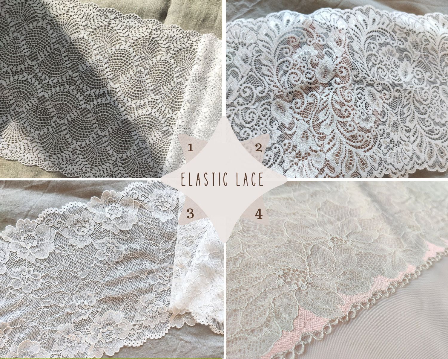 elastic lace trims in white, ivory, and beige peach with floral designs