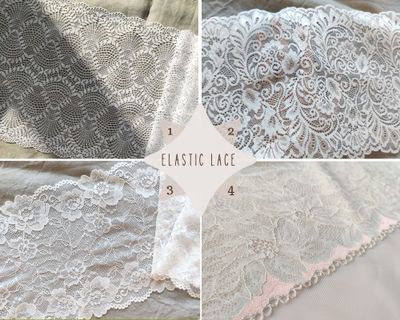 elastic lace trims in white, ivory, and beige peach with floral designs