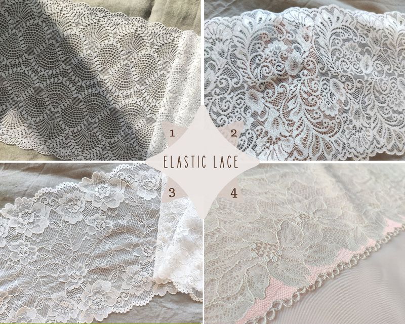 elastic lace trims in white, ivory, and beige peach with floral designs