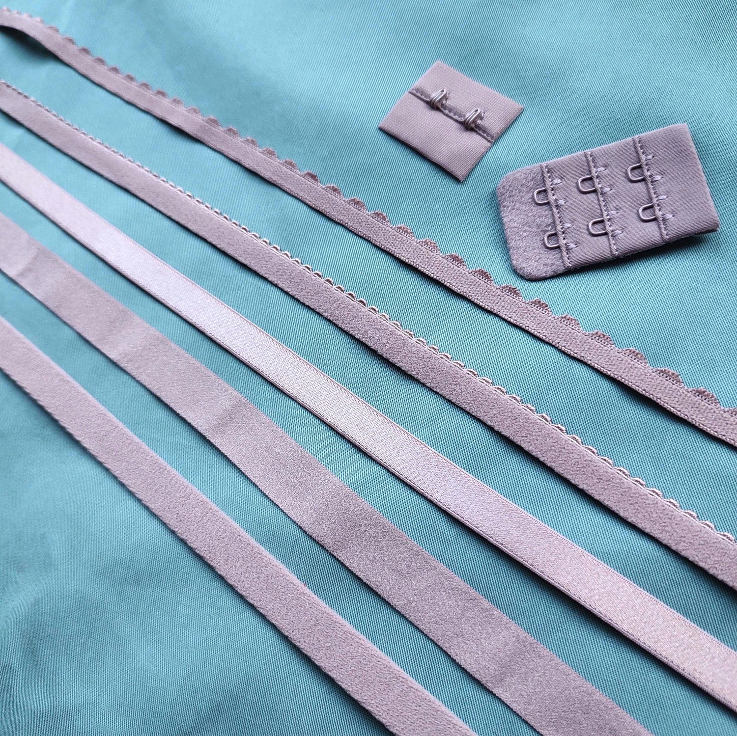 Coffee-colored lingerie elastics – picot, FOE, straps and channeling for bra making