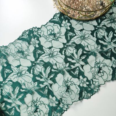 Dark green non-stretch lace – 26 cm wide embroidered mesh, sold by the yard


