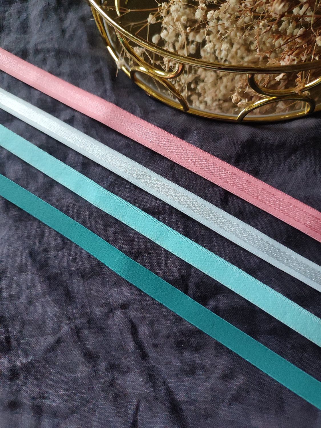 Satin elastic bra straps in pink, mint, teal, and ivory, 10mm wide