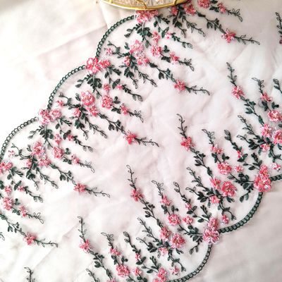 Floral Embroidered Lace – Pink Flowers &amp; Green Leaves