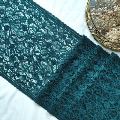 Dark green stretch lace – floral elastic trim, 22 cm wide

