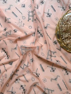 Beige stretch mesh with grey tattoo print for lingerie sewing