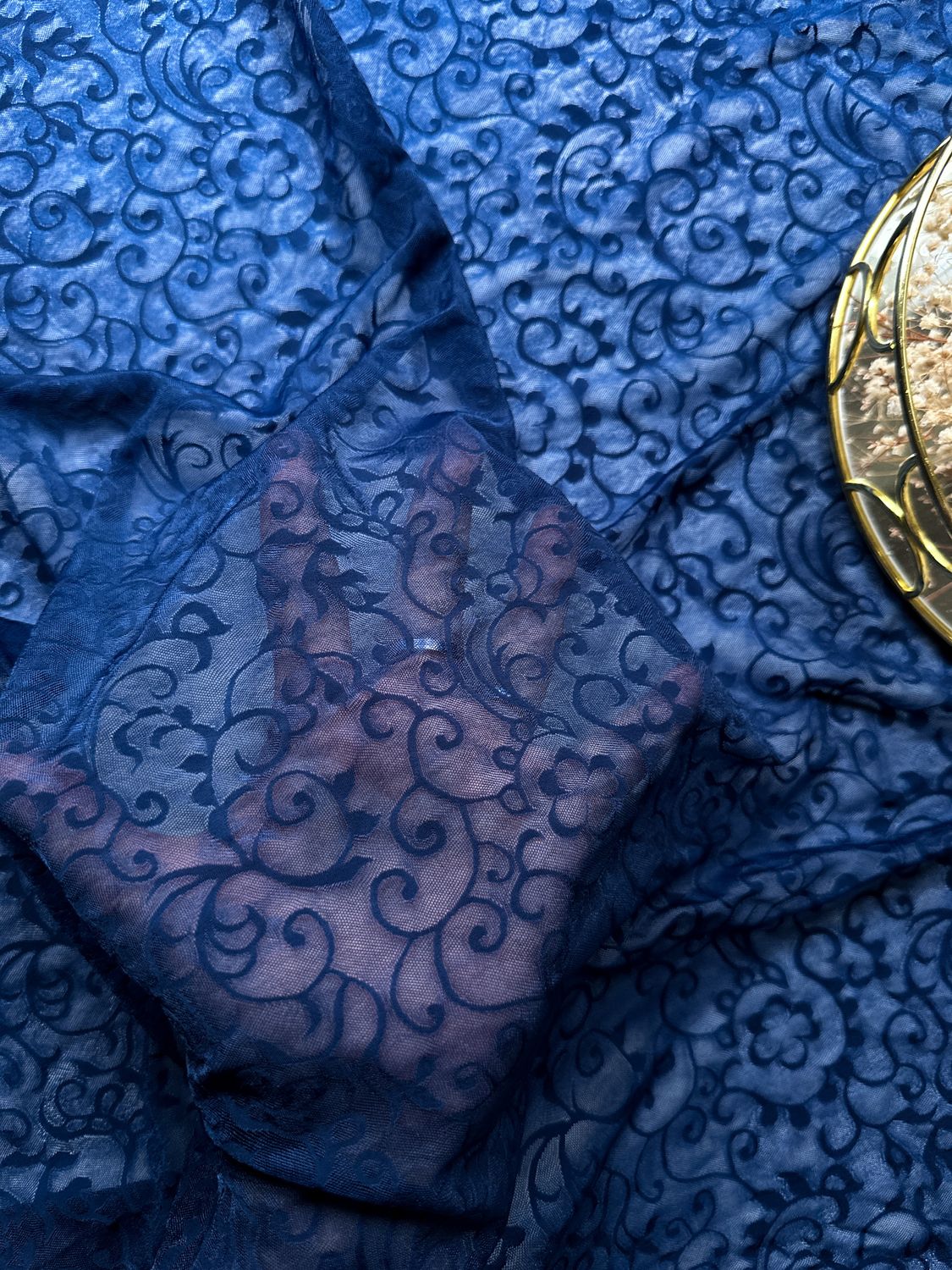 Navy blue stretch mesh with floral swirl pattern for lingerie sewing

