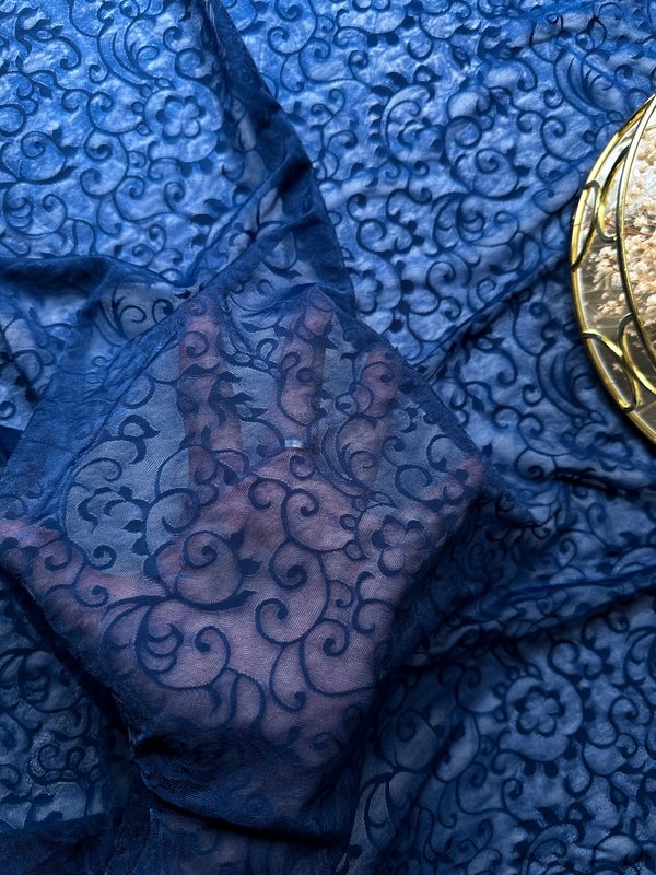 Navy blue stretch mesh with floral swirl pattern for lingerie sewing

