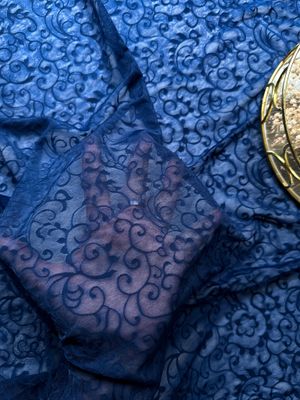 Navy blue stretch mesh with floral swirl pattern for lingerie sewing

