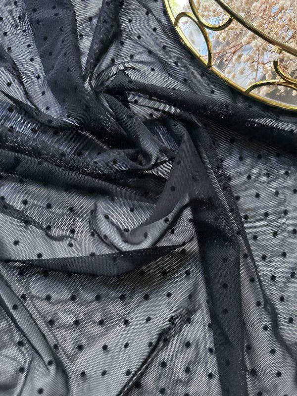 Black stretch mesh with flocked polka dots for lingerie sewing

