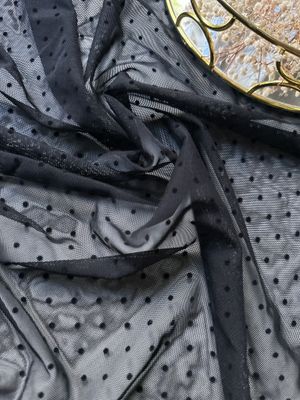 Black stretch mesh with flocked polka dots for lingerie sewing

