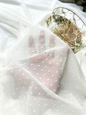 Ivory stretch mesh with flocked dots for lingerie sewing

