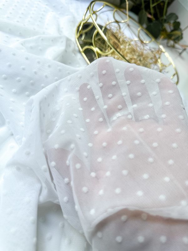 White stretch mesh with flocked dots for lingerie sewing

