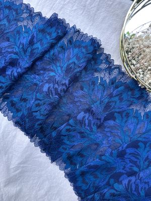 Gradient blue floral stretch lace in navy, cornflower, and teal for lingerie

