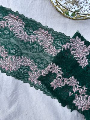 Dark green stretch lace with peach floral embroidery


