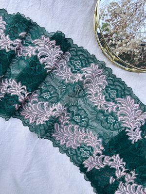 Dark green stretch lace with peach floral embroidery

