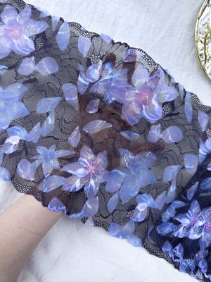 Dark brown stretch lace with purple floral print


