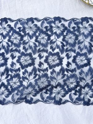 Navy floral embroidery lace with silver accents on white mesh

