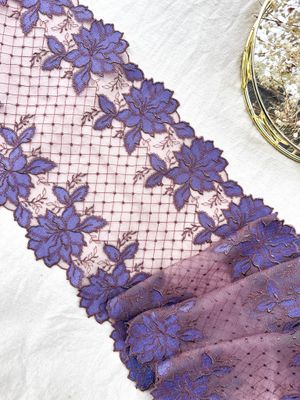 Lilac floral lace on coffee tulle, 21 cm wide

