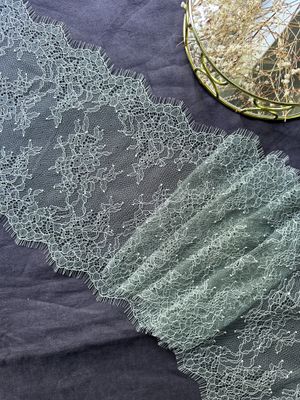 Olive Chantilly lace with grey floral embroidery

