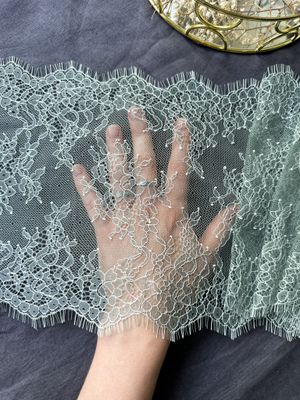 Olive Chantilly lace with grey floral embroidery

