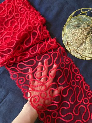 Red embroidered lace with gold thread, non-stretch, 22 cm wide