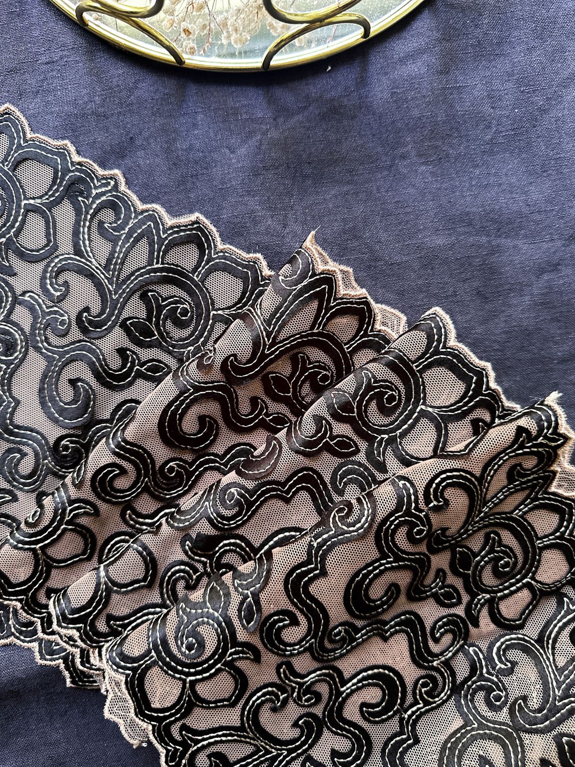 Black embroidered lace with beige mesh for lingerie and crafts


