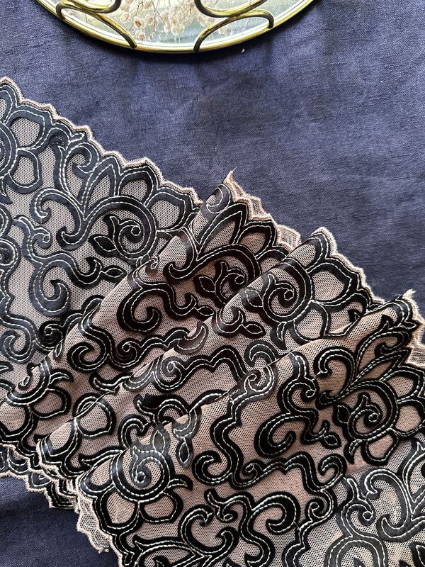Black embroidered lace with beige mesh for lingerie and crafts

