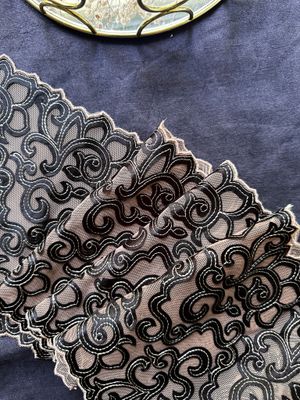 Black embroidered lace with beige mesh for lingerie and crafts

