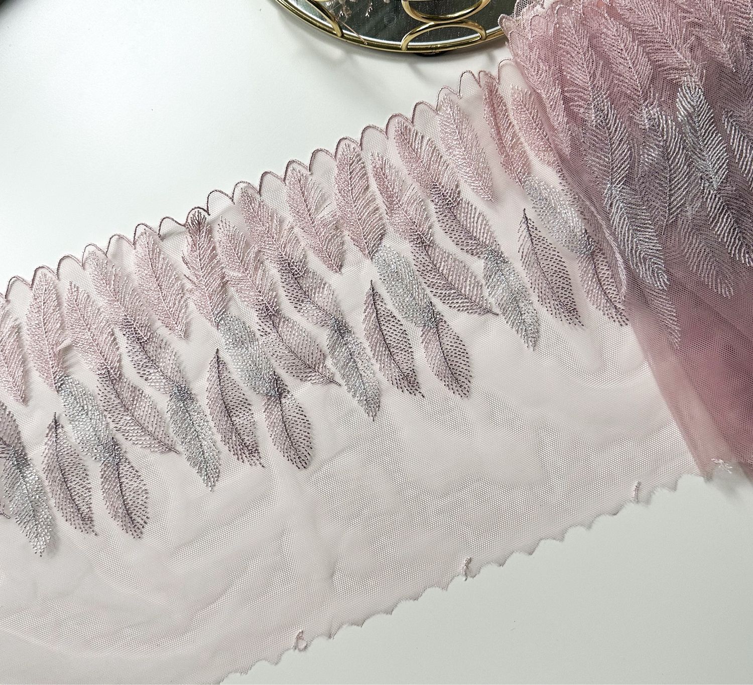 Powder Pink Feather Embroidered Lace