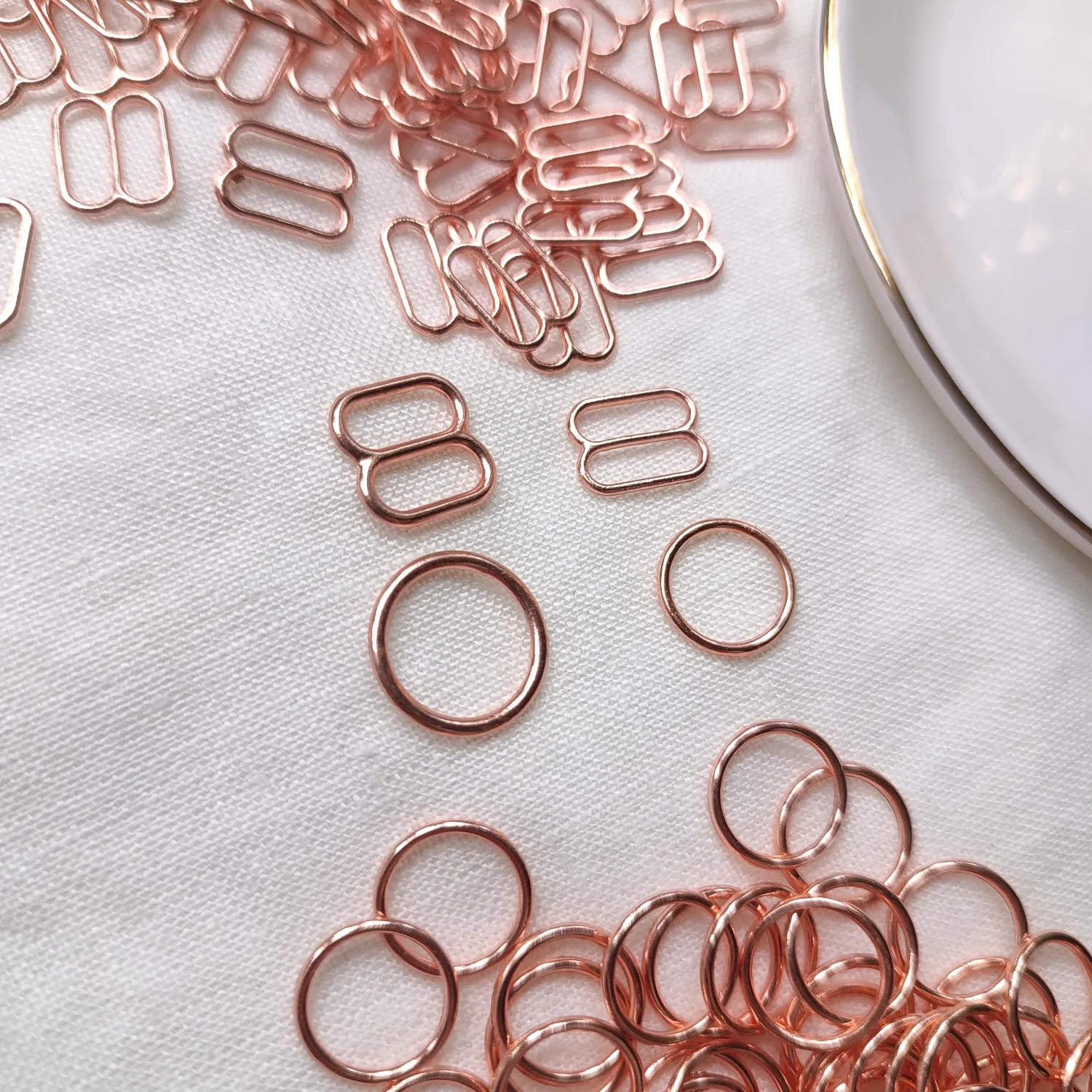 Lingerie rings, sliders, and hooks in gold, silver, rose gold

