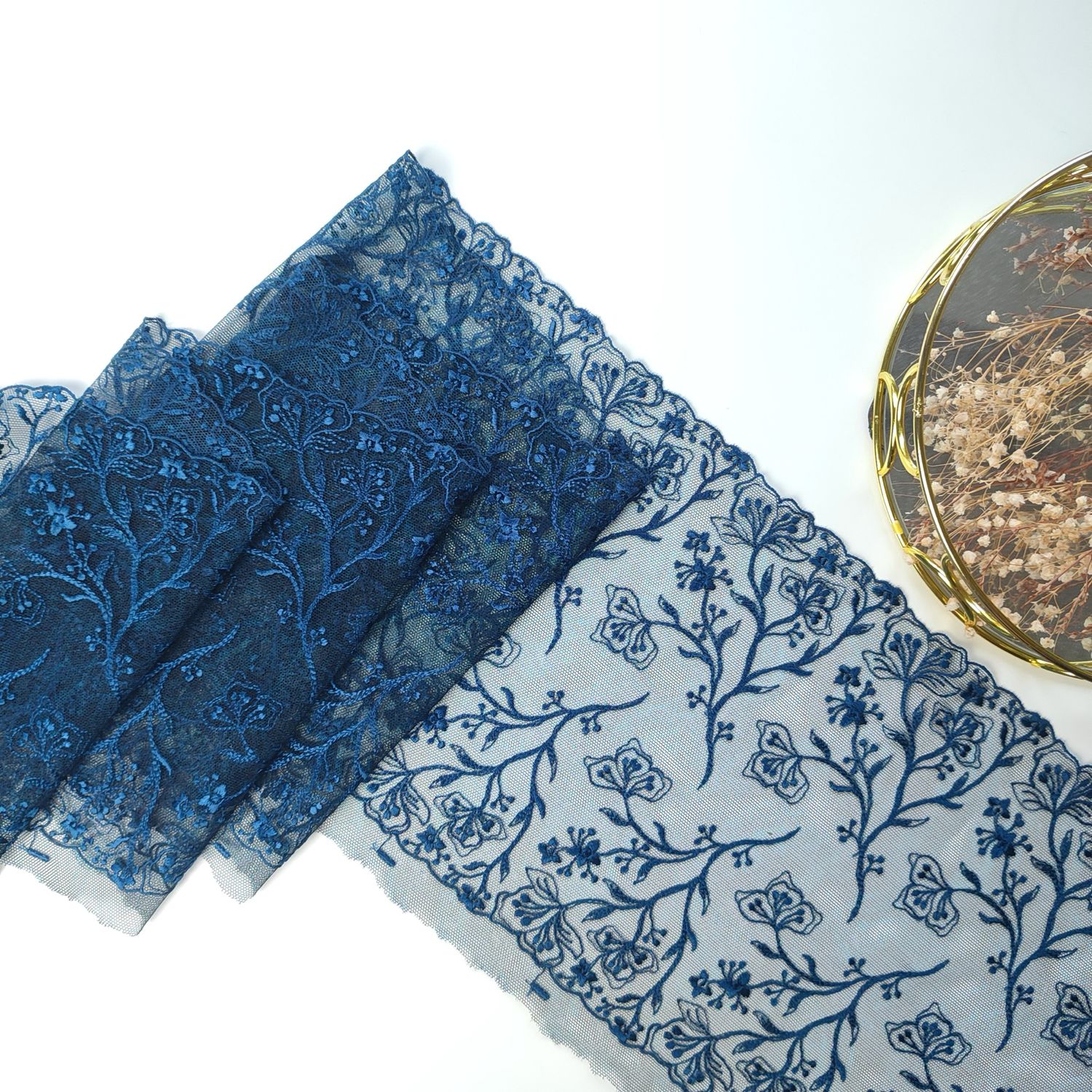 Midnight Teal Embroidered Lace with Scalloped Edges