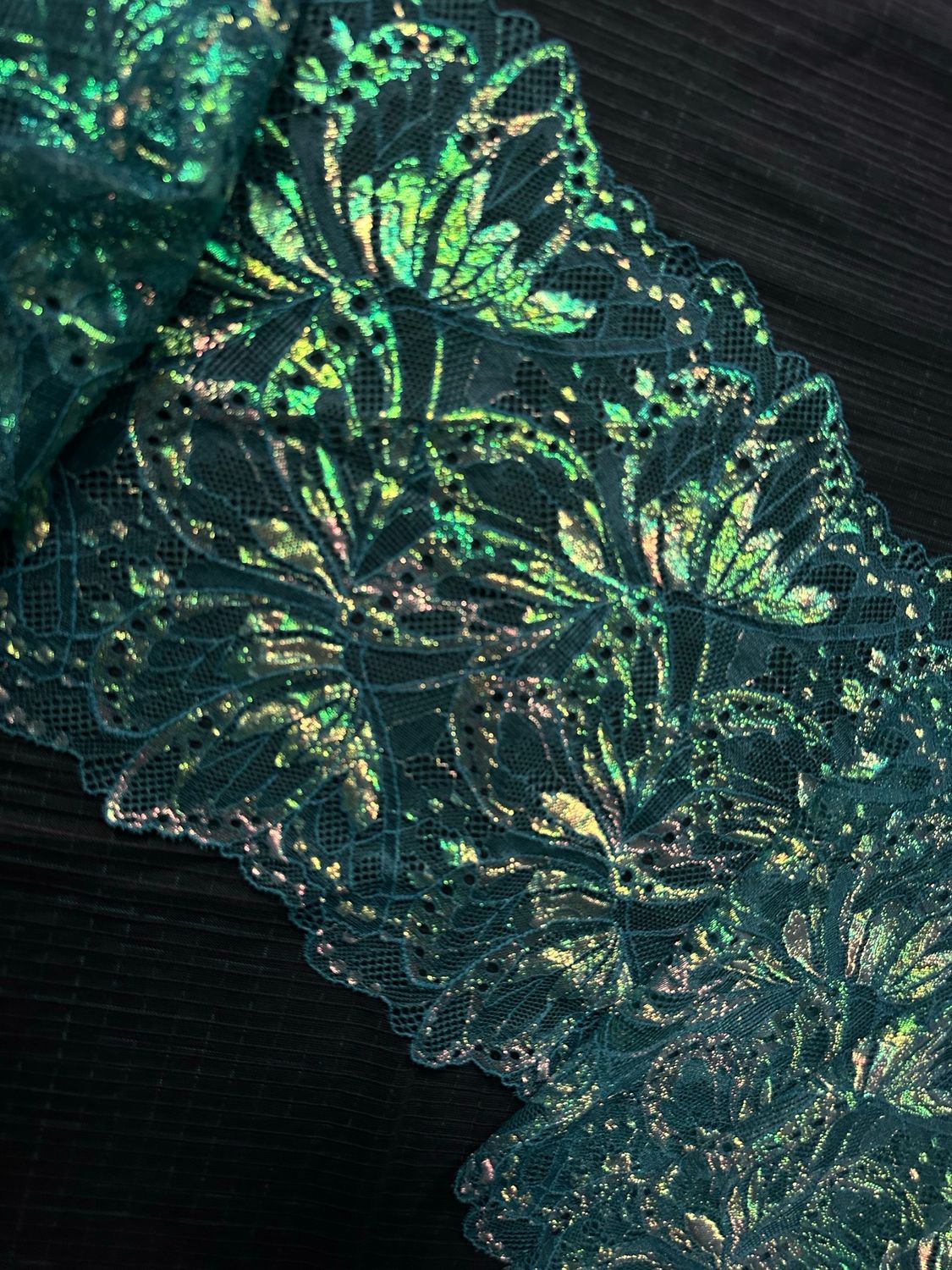 Shimmer butterfly wing stretch lace, green teal iridescent, 24 cm wide