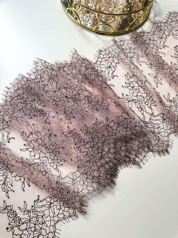 Powder Chantilly Lace Trim with Black Embroidery
