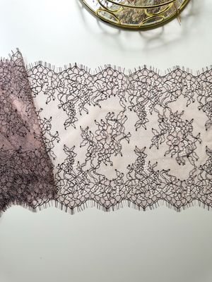 Powder Chantilly Lace Trim with Black Embroidery
