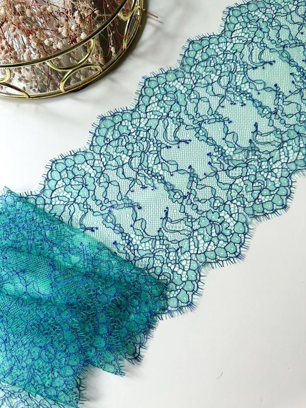 Turquoise Chantilly Lace with Blue Embroidery