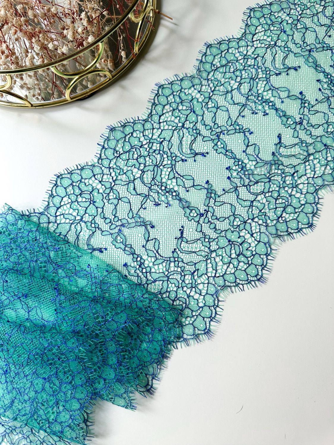 Turquoise Chantilly Lace with Blue Embroidery