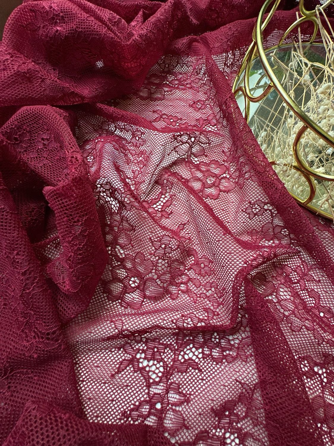 Burgundy Stretch Lace Fabric – Wide Floral Lingerie Lace