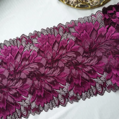 Magenta stretch lace with plum undertones, floral two-tone design, scalloped edges, 20 cm