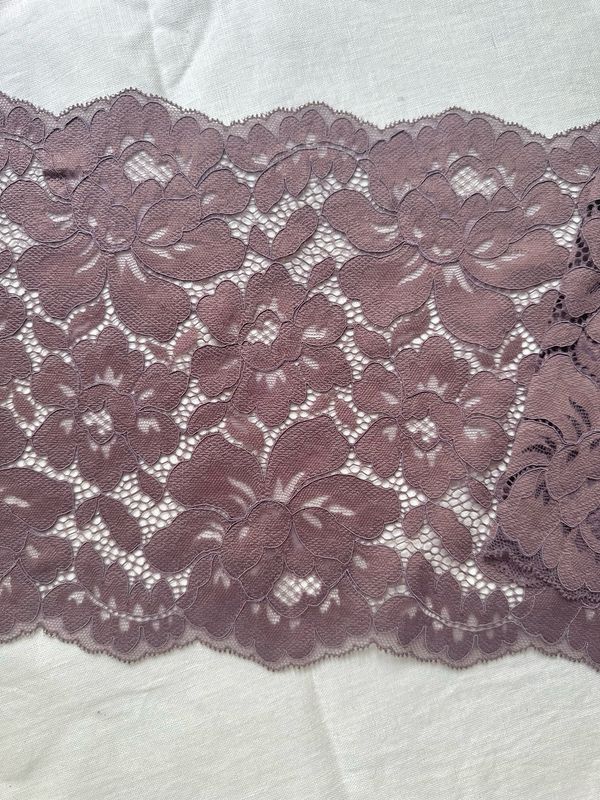 Lilac brown elastic lace trim 22 cm wide with floral pattern for lingerie sewing