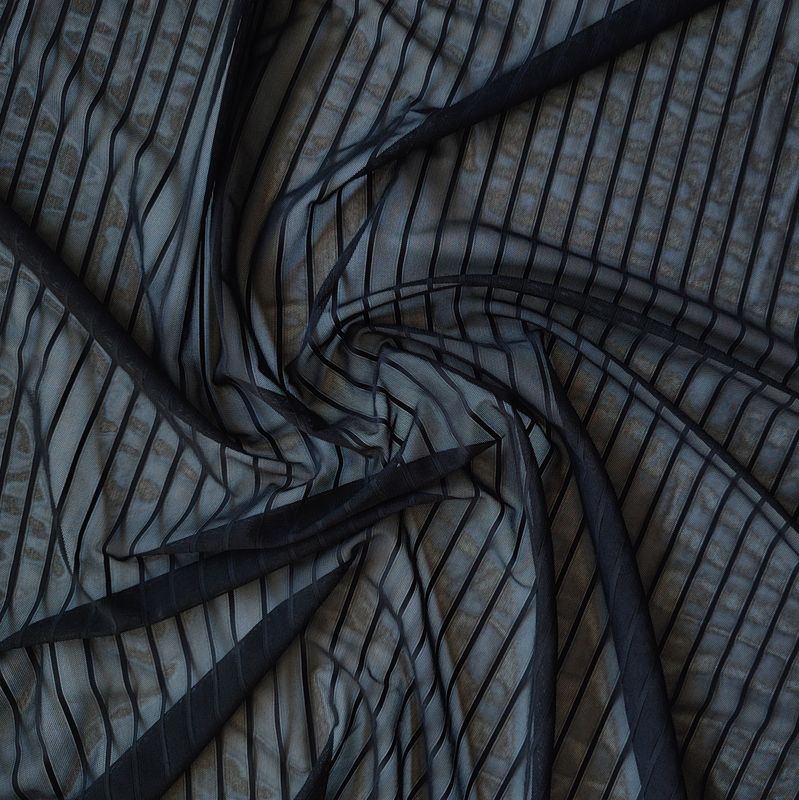 Black striped stretch mesh fabric for lingerie sewing, semi-sheer and lightweight