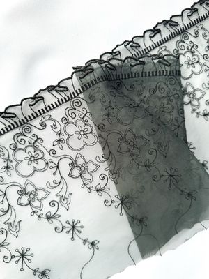 Black Embroidered Lace Trim on Grey Tulle