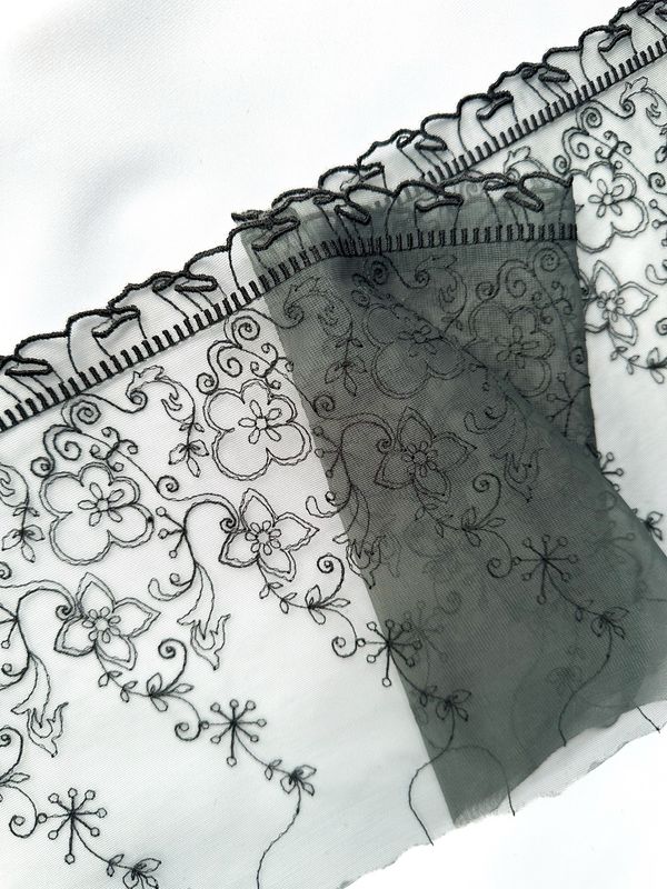Black Embroidered Lace Trim on Grey Tulle