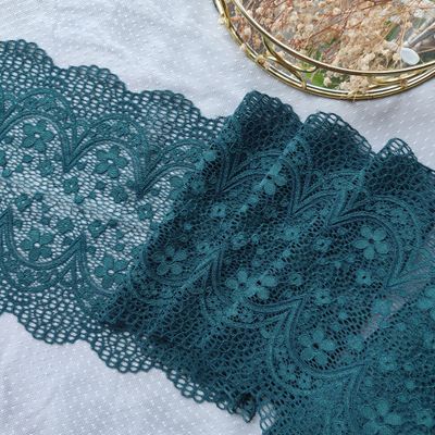 Dark teal stretch lace trim with floral pattern, 19 cm wide — perfect for lingerie sewing and bra making.