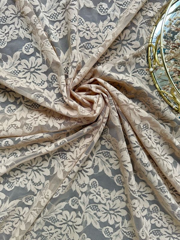 Beige Floral Stretch Lace Fabric